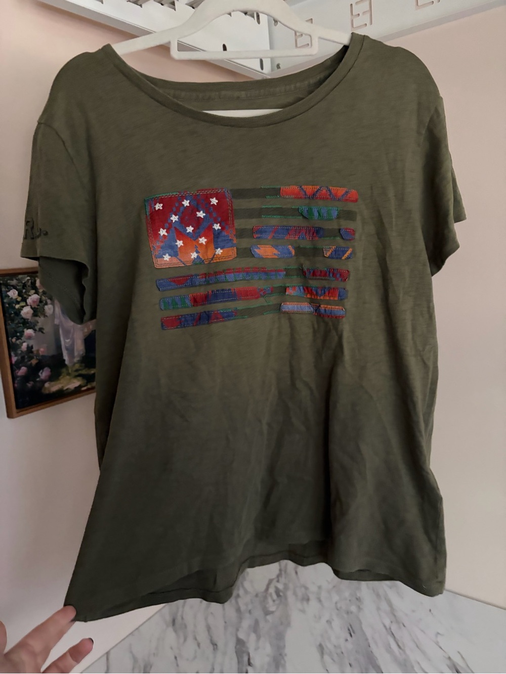 Polo Ralph Lauren Patchwork Flag T-Shirt Olive Green Southwestern Size L PRL